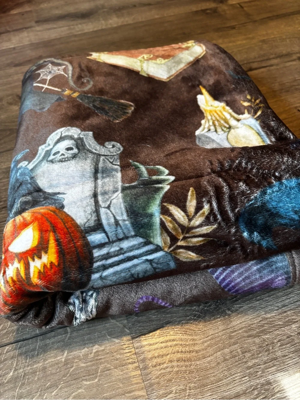 Halloween Plush Throw Blanket - Brown Pumpkin & Tombstone Design